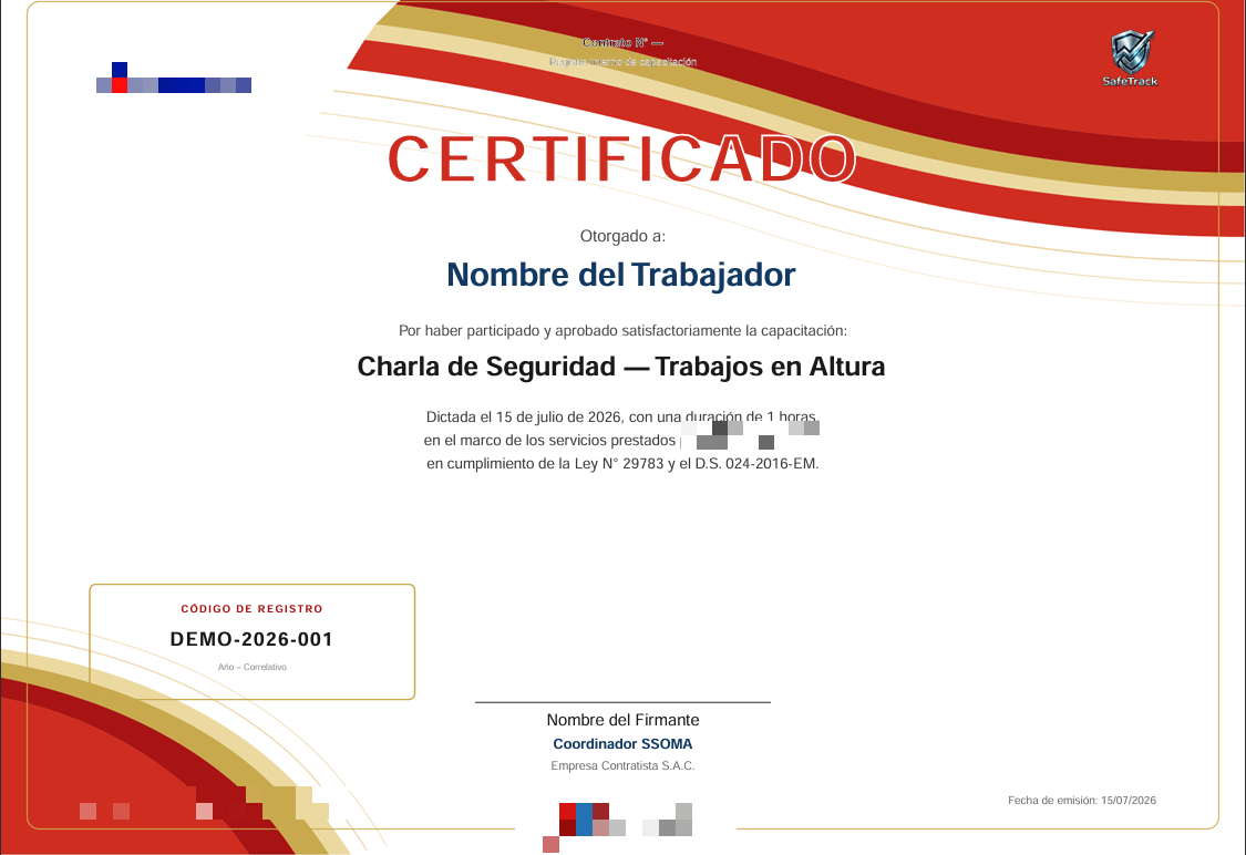 Modelo de certificado generado automáticamente por SafeTrack (datos de cliente difuminados por confidencialidad)